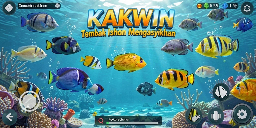 Screenshot gameplay KAKWIN menampilkan aksi seru menembak ikan.