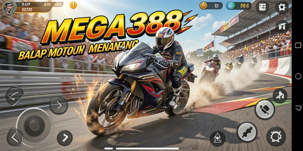 Screenshot utama MEGA388 menampilkan balapan motor yang mengasyikkan.