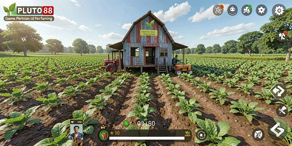 Tangkapan layar gameplay <strong>PLUTO88</strong> menunjukkan ladang pertanian yang penuh warna.