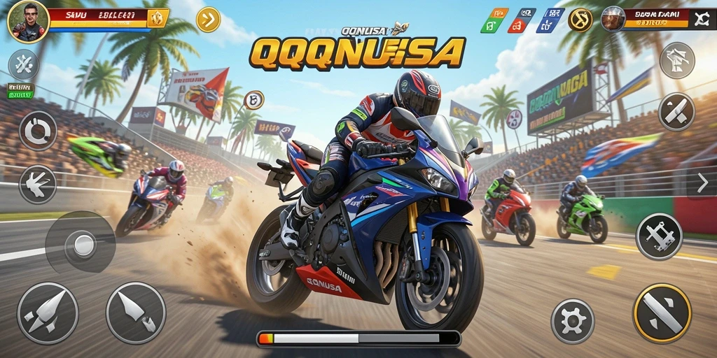 Gameplay menegangkan dari QQNUSA yang penuh aksi balapan motor.