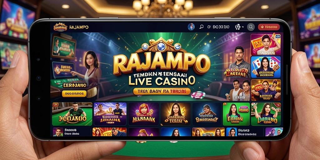 Screenshot gameplay RAJAMPO menunjukkan dealer langsung dan suasana kasino yang mendebarkan.