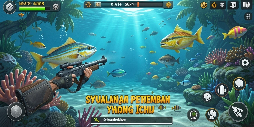 Screenshot gameplay menunjukkan aksi menembak ikan yang menegangkan.
