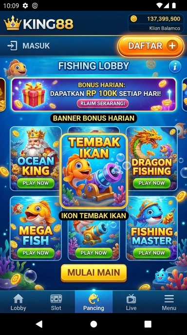 Tampilan aplikasi king88 dengan kategori yang teratur.